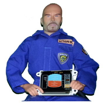 Pilotenpuppe mit einem Display von uns in den Händen.